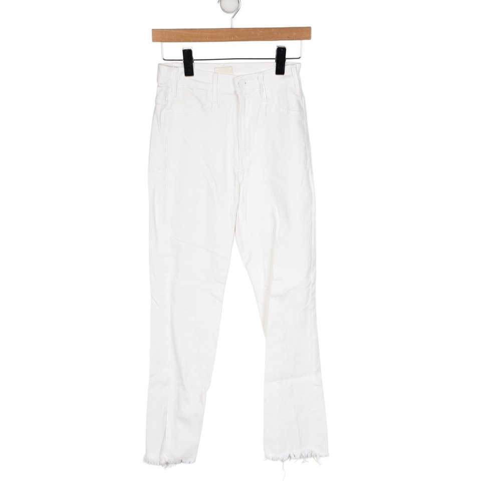 Mother‎ Hustler Ankle Fray Mid-Rise Straight Jeans Distressed White Raw Hem 25